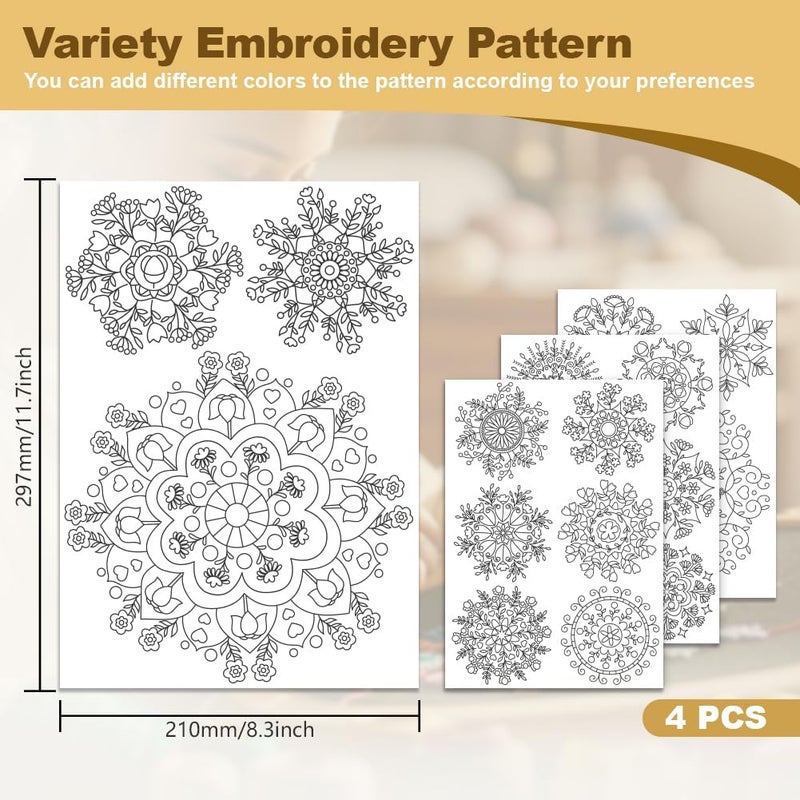 DOODLREAM 18Pcs Mandala Flower Water Soluble Hand Sewing Stabilizers, 8.3"x11.7" Snowflake Mandala Embroidery Pattern Stabilizer, 4 Sheets Stick and Stitch Embroidery Paper Sticker - Image 2